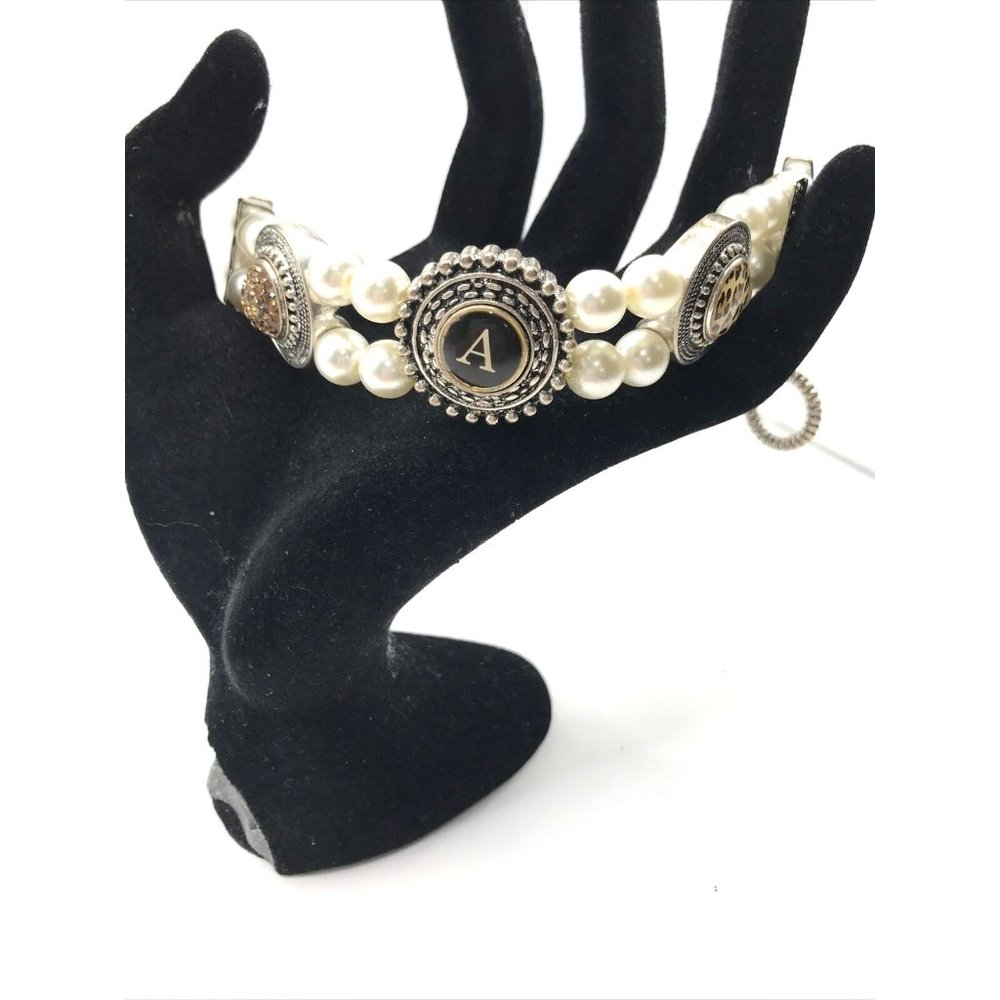 Snap Bracelet Removeable Toggle clasp Letter A Faux Pearls Stretch Crystals 8"